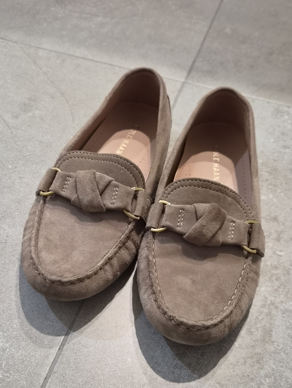 Cole Haan Taupe Suede Knot Loafers